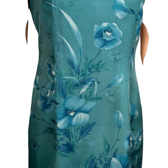 Vintage 90s Liz Claiborne 100% Silk Chiffon Dress Sz 6P Teal Floral Embellished - Picture 15 of 16